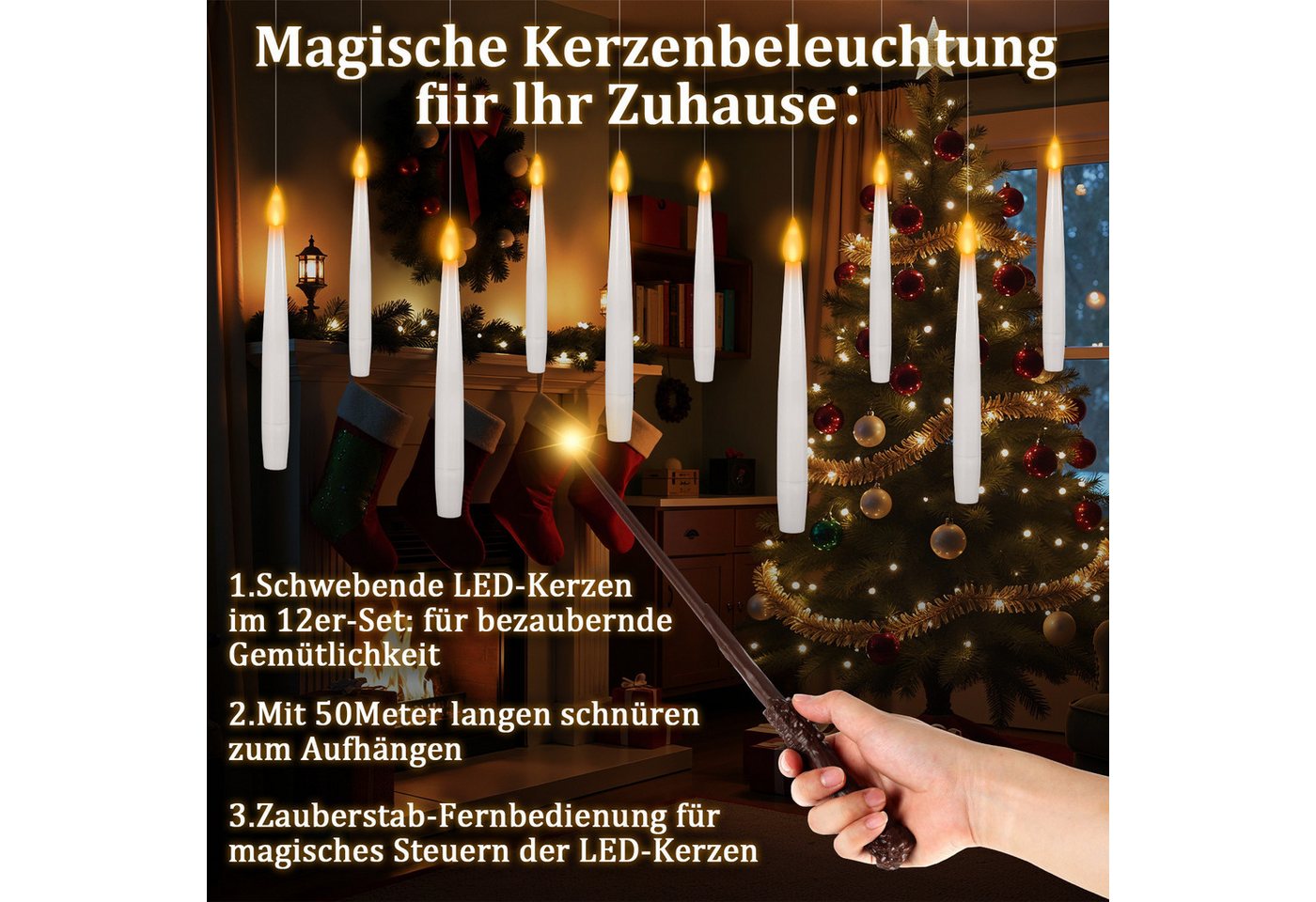 Clanmacy LED-Christbaumkerzen Flackernde Schwebende Kerzen mit Zauberstab,Hängende Fliegende Kerzen