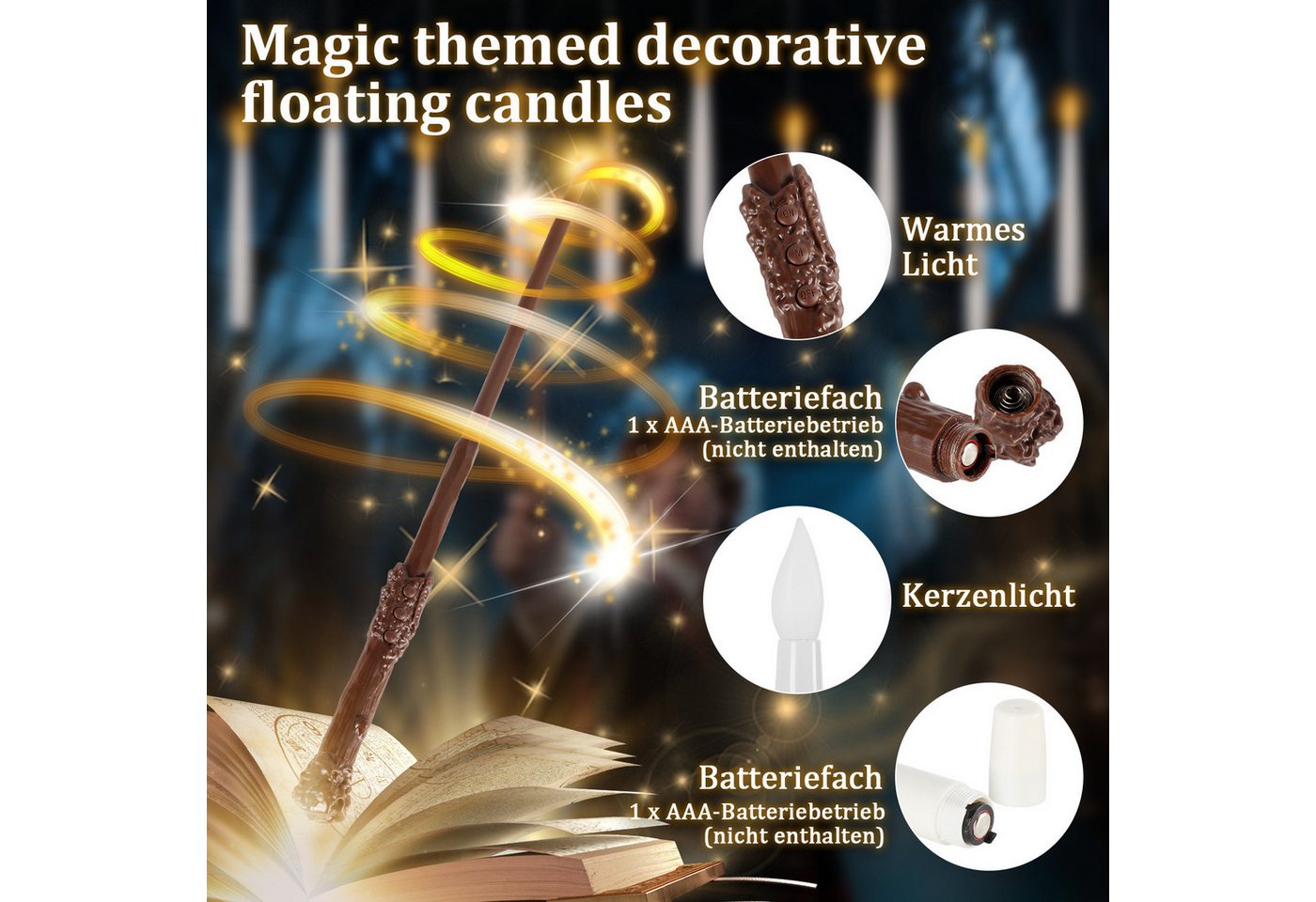 Clanmacy LED-Christbaumkerzen Flackernde Schwebende Kerzen mit Zauberstab,Hängende Fliegende Kerzen Bild 3