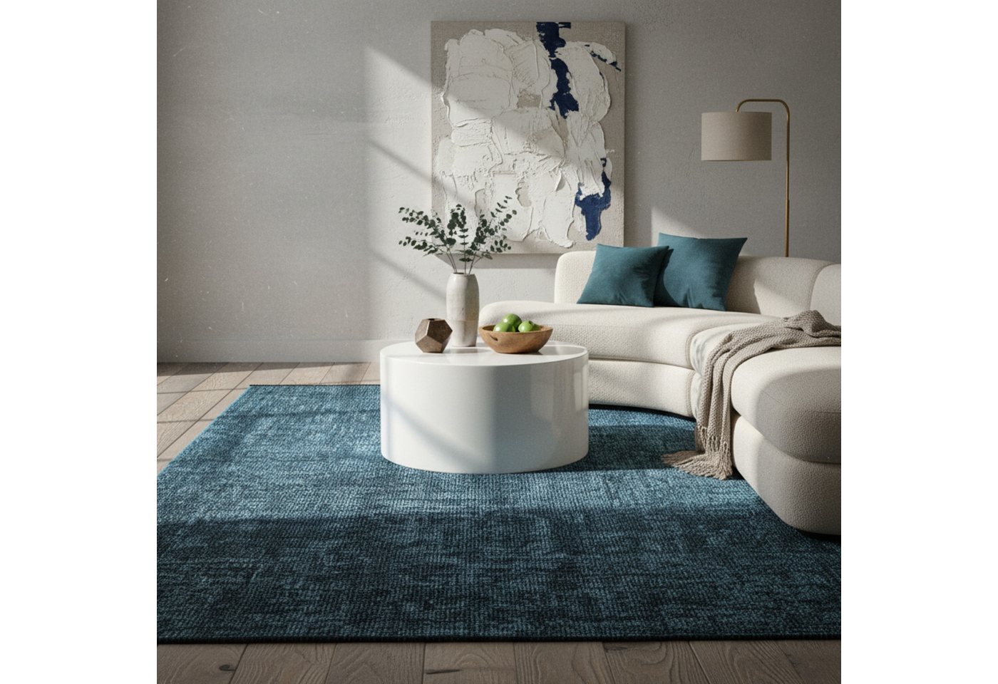 KADIMA DESIGN Wollteppich KOFEL Wohnzimmer Waschbar Schlafzimmer Wohnzimmerteppich Esszimmer, Läufer, Höhe: 9 mm, Blau, 80x150 cm, Modern Esszimmerteppich Einfarbig Uni Waschbar