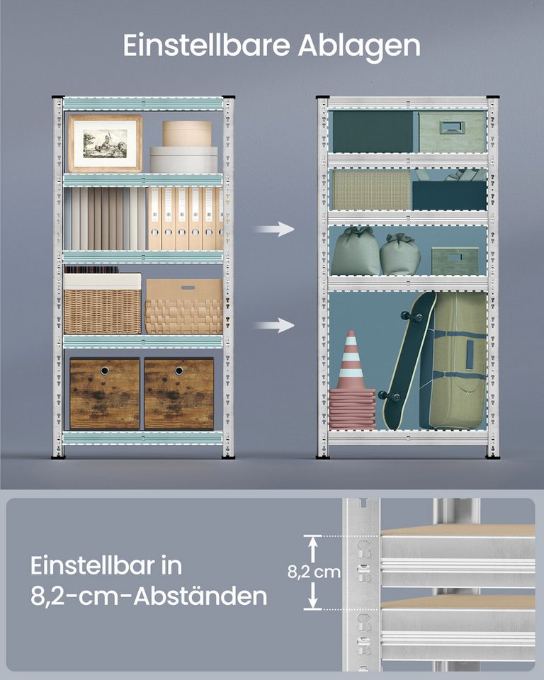 SONGMICS Schwerlastregal Kellerregal, bis 875 kg belastbar, verstellbare Ablagen, silbern, 2-tlg., 30 x 75 x 150 cm, Schmetterling-Stecksystem, einfache Montage Bild 2