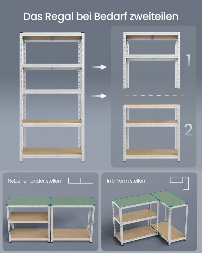 SONGMICS Schwerlastregal Kellerregal, bis 875 kg belastbar, verstellbare Ablagen, silbern, 2-tlg., 30 x 75 x 150 cm, Schmetterling-Stecksystem, einfache Montage Bild 3