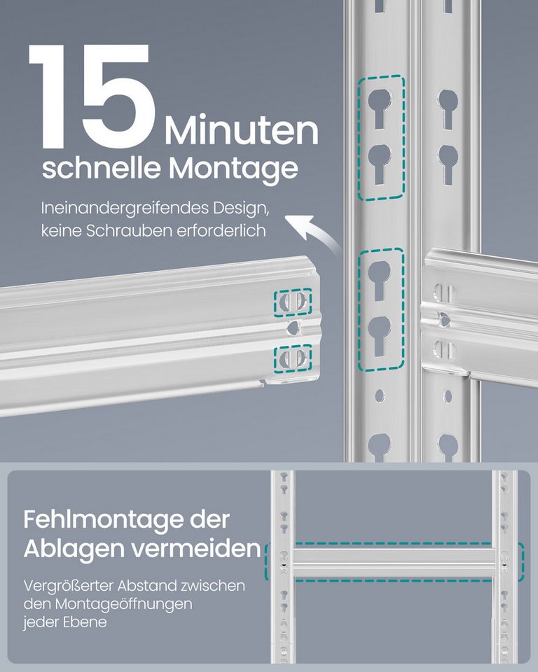 SONGMICS Schwerlastregal Kellerregal, bis 875 kg belastbar, verstellbare Ablagen, silbern, 2-tlg., 30 x 75 x 150 cm, Schmetterling-Stecksystem, einfache Montage Bild 5