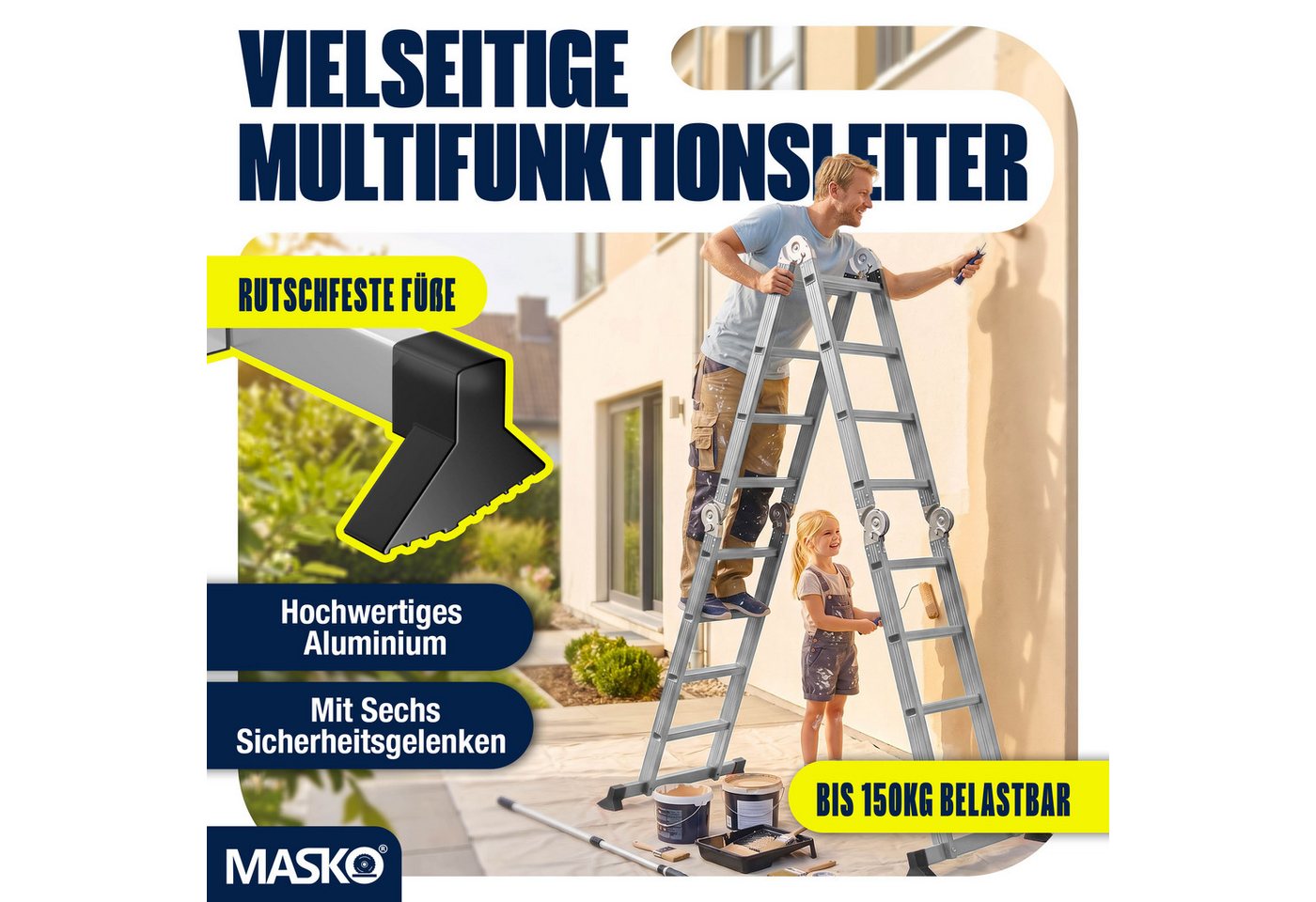 MASKO Vielzweckleiter Aluminium 6in1 Mehrzweckleiter 4x4 Stufen, 470cm, bis 150kg belastbar, multifunktionale Gelenkleiter, Anlegeleiter, Steh- & Treppenleiter