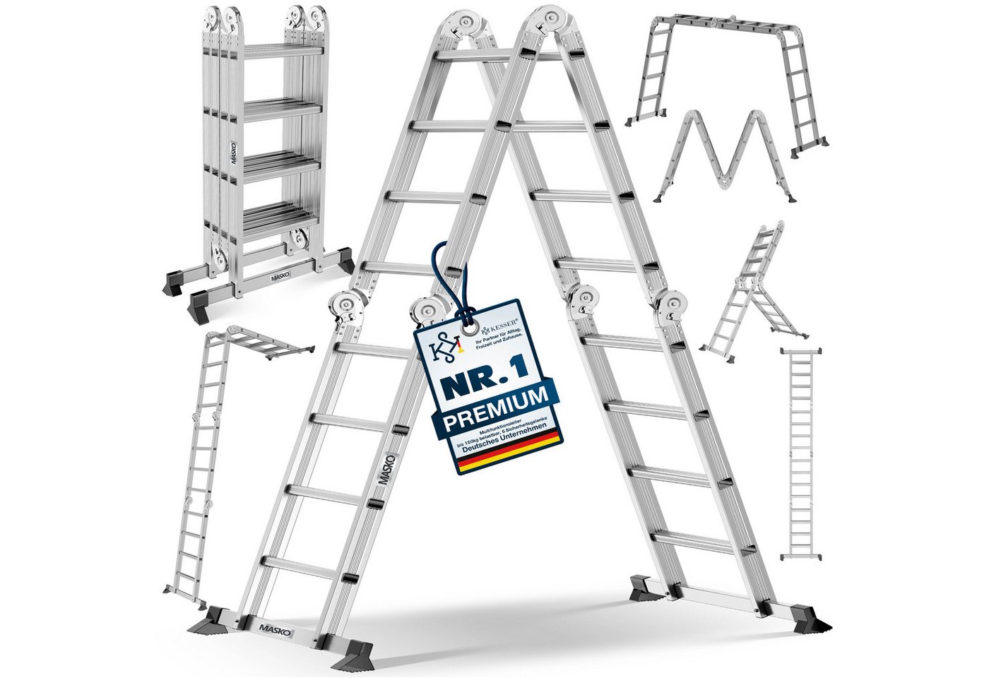 MASKO Vielzweckleiter Aluminium 6in1 Mehrzweckleiter 4x4 Stufen, 470cm, bis 150kg belastbar, multifunktionale Gelenkleiter, Anlegeleiter, Steh- & Treppenleiter Bild 2