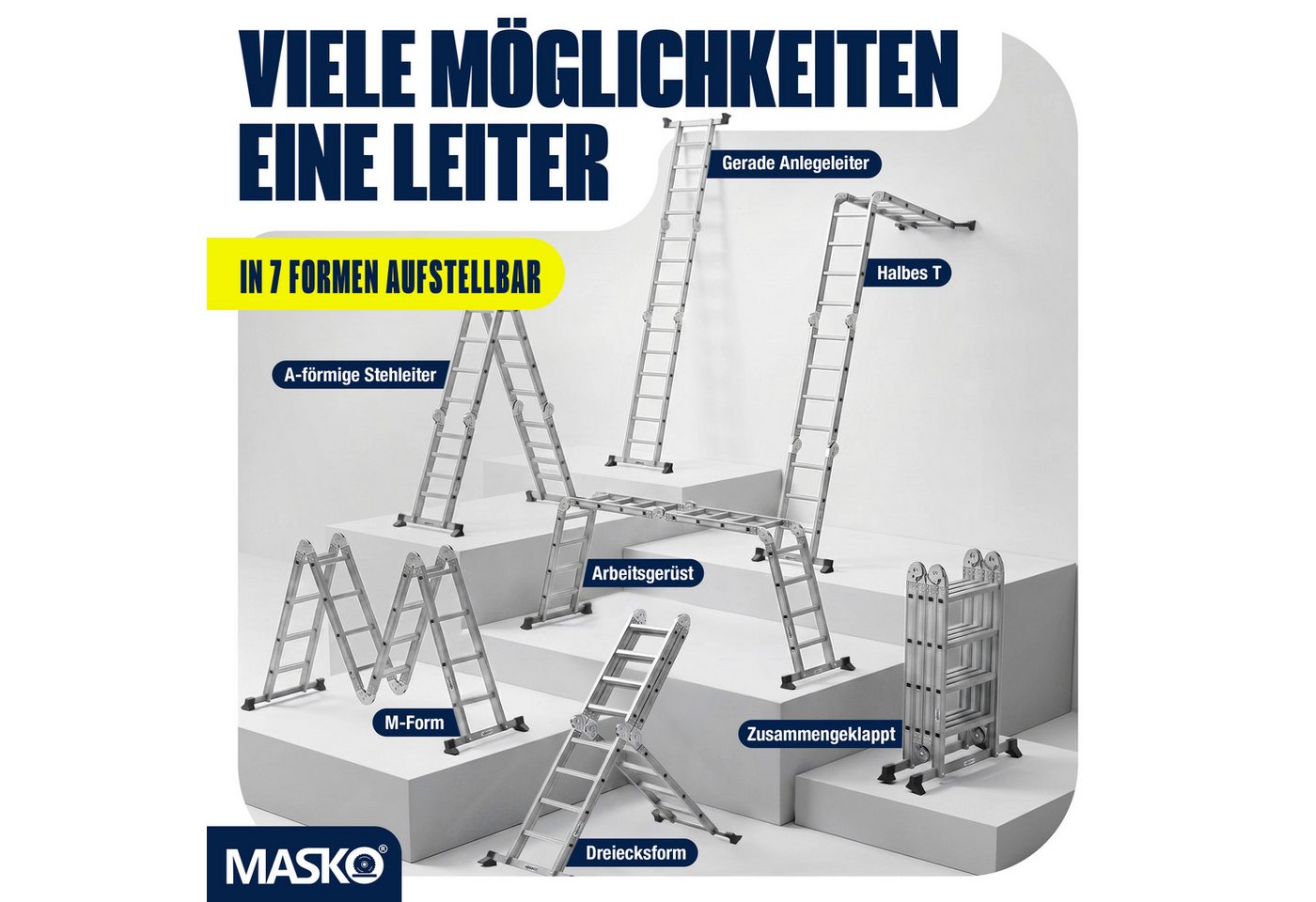 MASKO Vielzweckleiter Aluminium 6in1 Mehrzweckleiter 4x4 Stufen, 470cm, bis 150kg belastbar, multifunktionale Gelenkleiter, Anlegeleiter, Steh- & Treppenleiter Bild 5