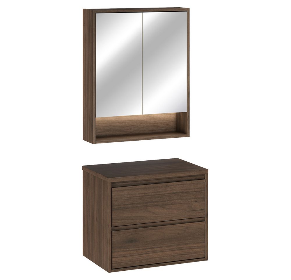 Lomadox Badmöbel-Set VERZUOLO-56-WALNUT, (Spar-Set, 2-St., Spiegelschrank Waschbeckenschrank Waschtischplatte), in Walnuss, wandhängend, grifflos, LED-Beleuchtung