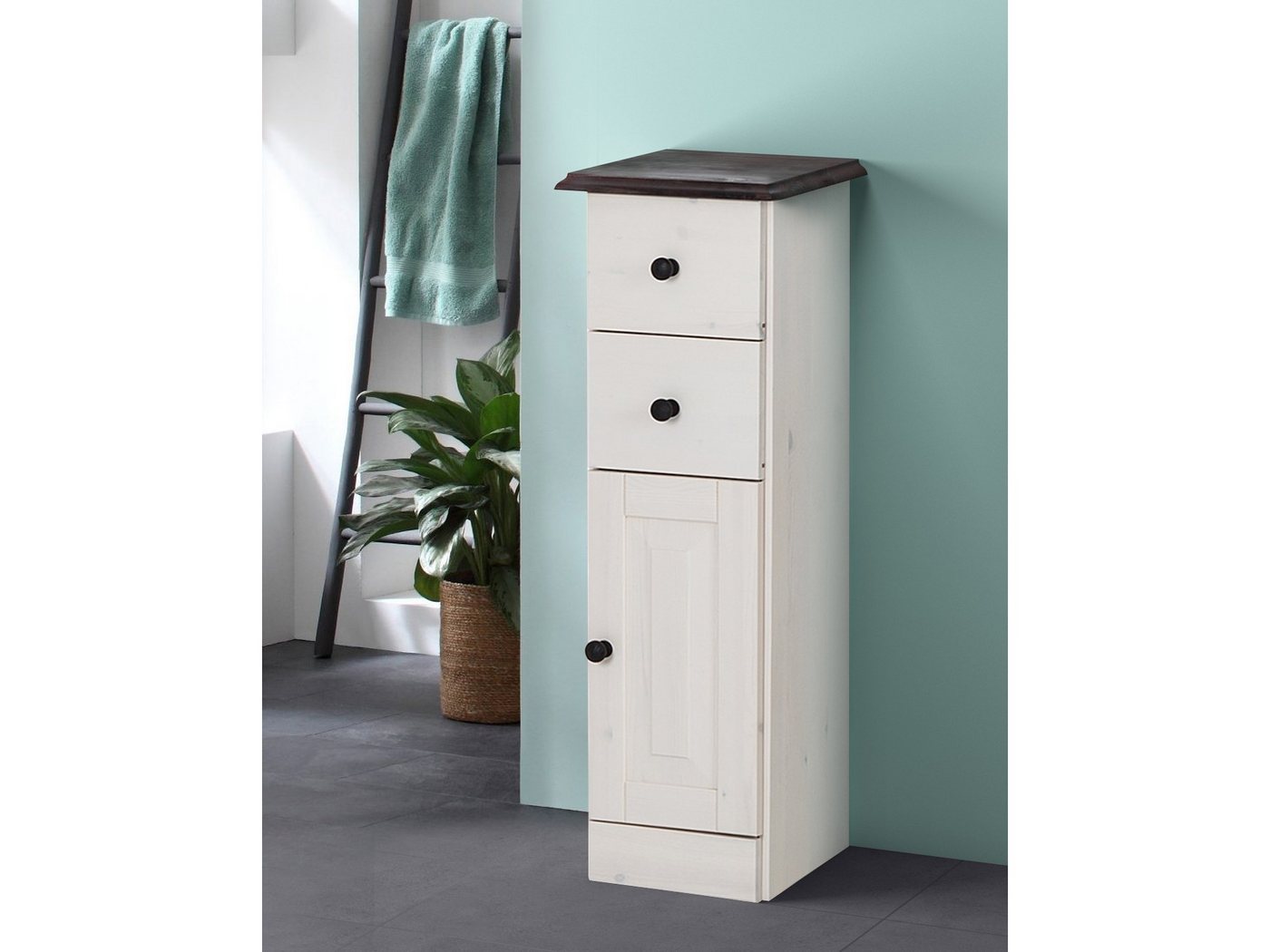 loft24 Badkommode Rico - Badschrank Badezimmerschrank Badmöbel Kommode (1 St), 2 Schubladen, 1 Tür, 1 Einlegefach, Kiefer Massivholz, Landhausstil Bild 2