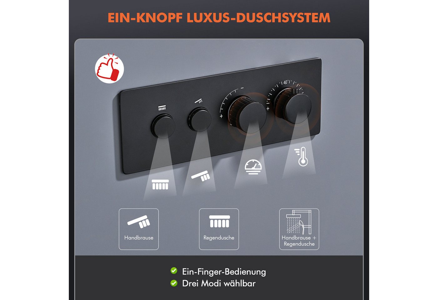 HOMELODY Duschsystem Unterputz Duschsystem Thermostat 2 Funktionen Regendusche Set Schwarz, 2 Strahlart(en), Set, 12 Zoll Regendusche Edelstahl, Thermostat, Handbrause 3 Strahlarten