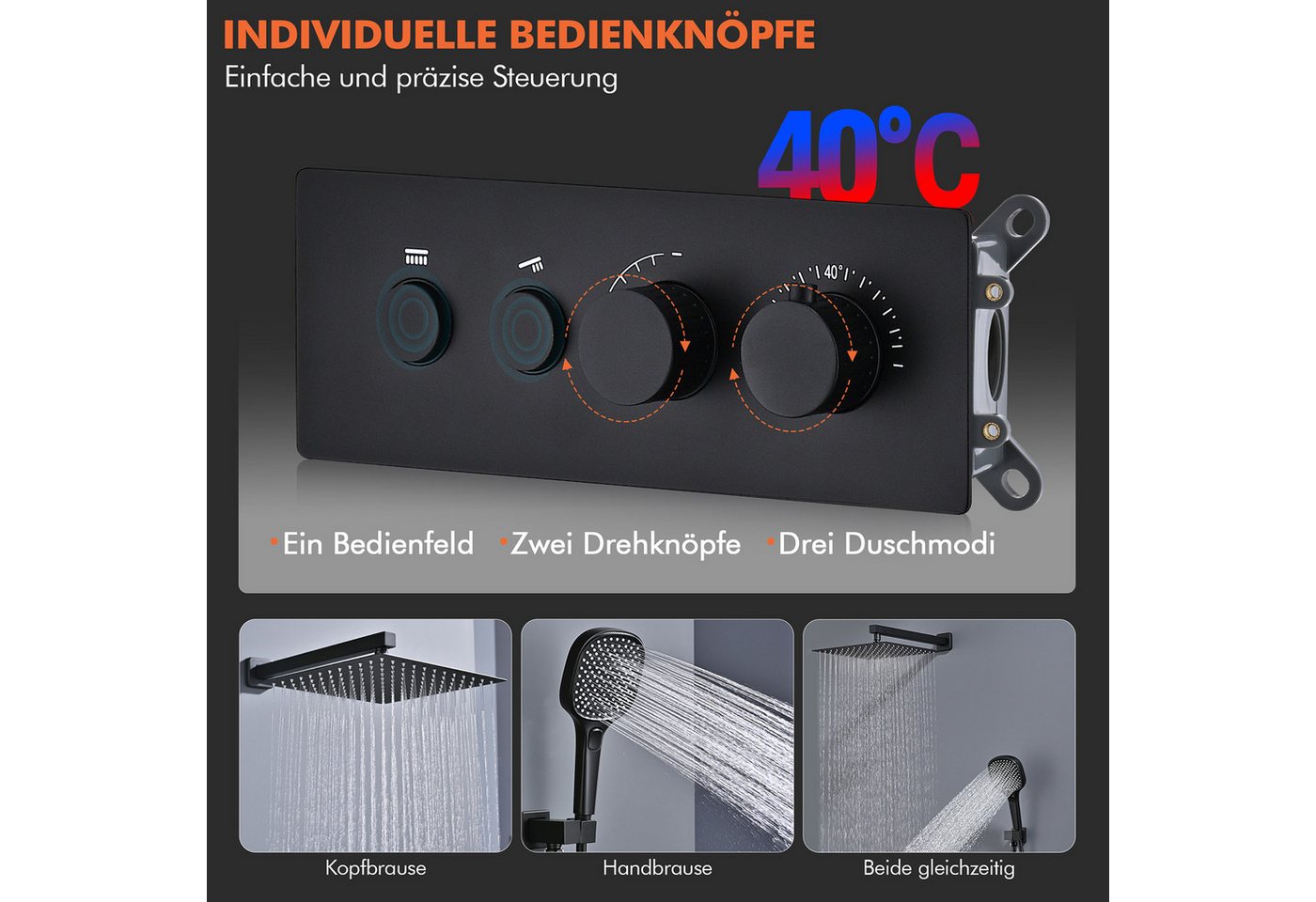 HOMELODY Duschsystem Unterputz Duschsystem Thermostat 2 Funktionen Regendusche Set Schwarz, 2 Strahlart(en), Set, 12 Zoll Regendusche Edelstahl, Thermostat, Handbrause 3 Strahlarten Bild 2