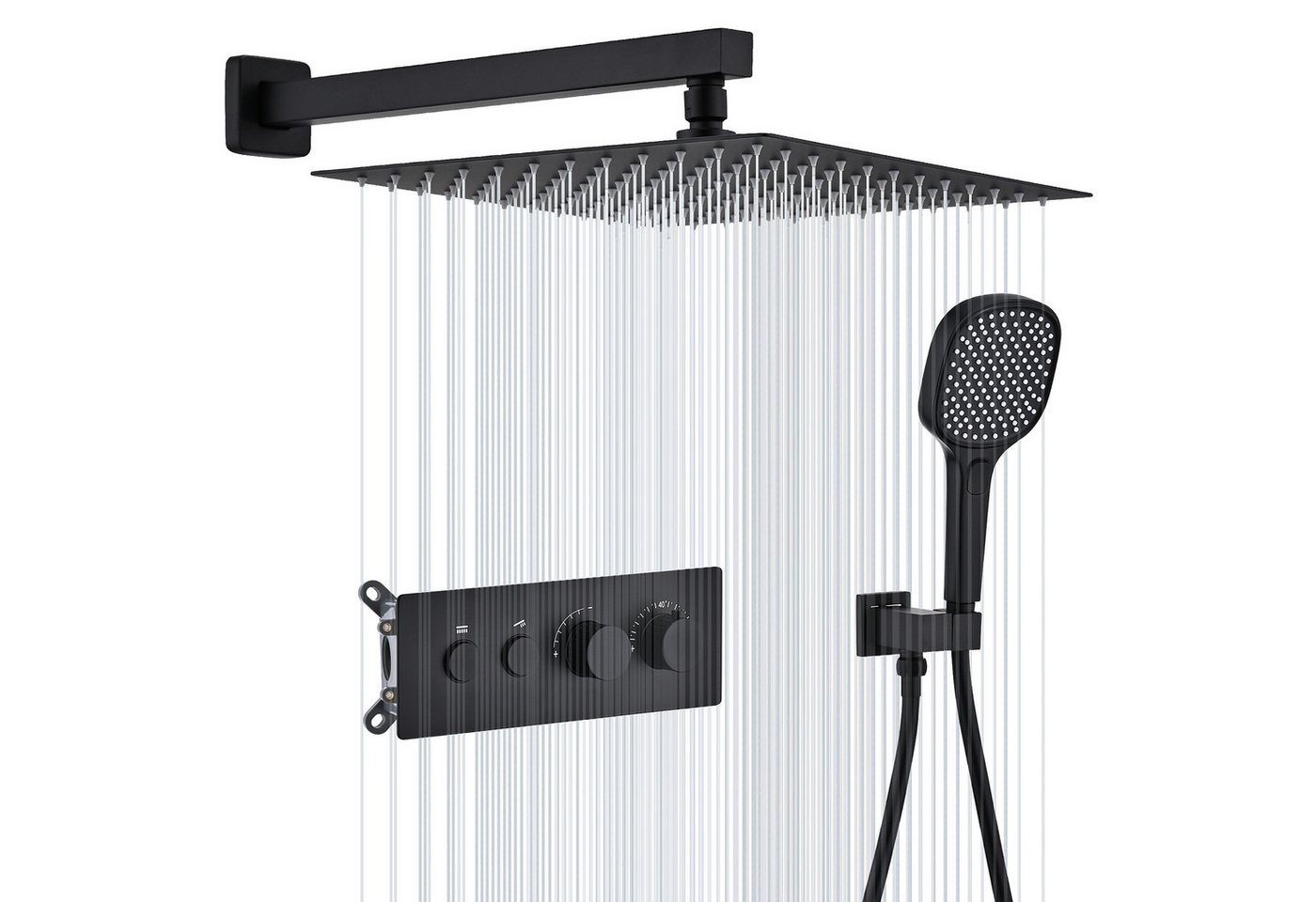 HOMELODY Duschsystem Unterputz Duschsystem Thermostat 2 Funktionen Regendusche Set Schwarz, 2 Strahlart(en), Set, 12 Zoll Regendusche Edelstahl, Thermostat, Handbrause 3 Strahlarten Bild 4