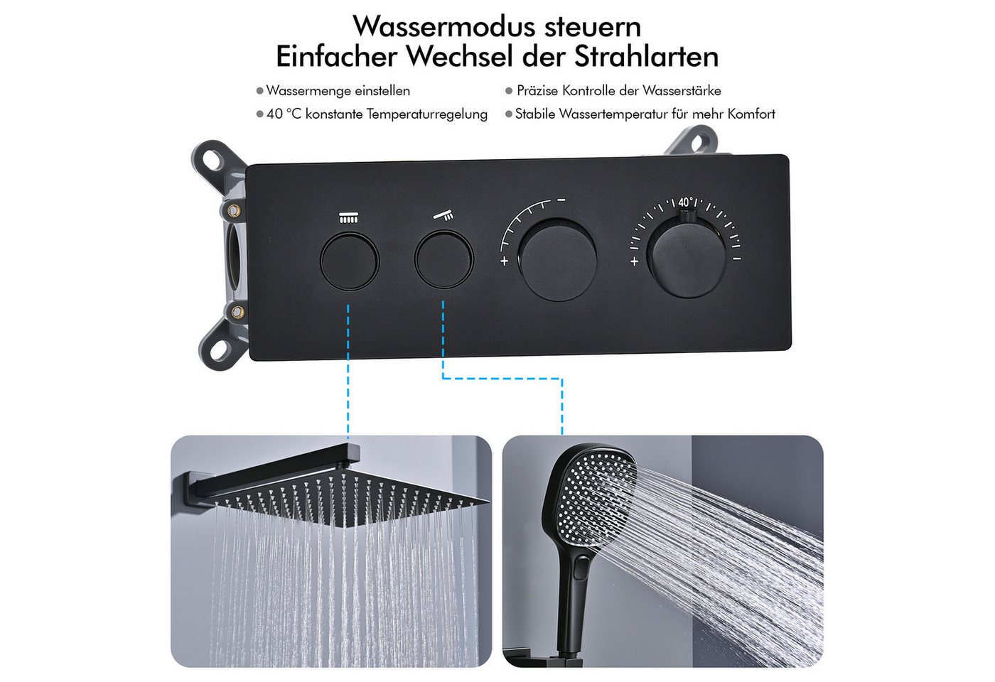 HOMELODY Duschsystem Unterputz Duschsystem Thermostat 2 Funktionen Regendusche Set Schwarz, 2 Strahlart(en), Set, 12 Zoll Regendusche Edelstahl, Thermostat, Handbrause 3 Strahlarten Bild 5