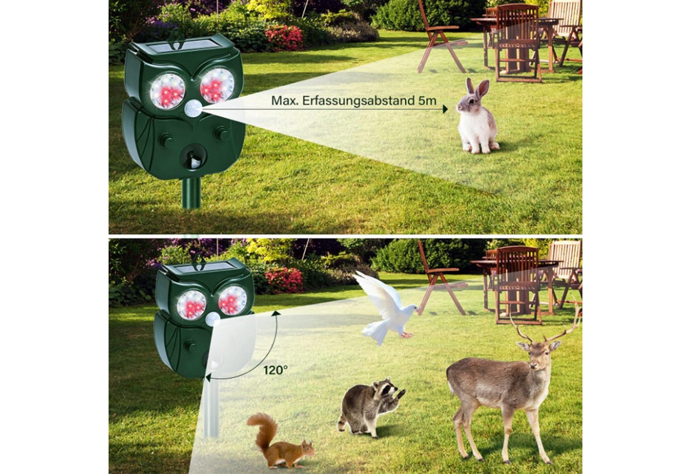 feinlux Ultraschall-Tierabwehr Ultraschall-Tierabwehr Mausabwehr, set 1-tlg., Rote und weiße LED + USB-Aufladung + Solaraufladung, Solarbetrieben Große Reichweite Empfindlichkeit Bild 2