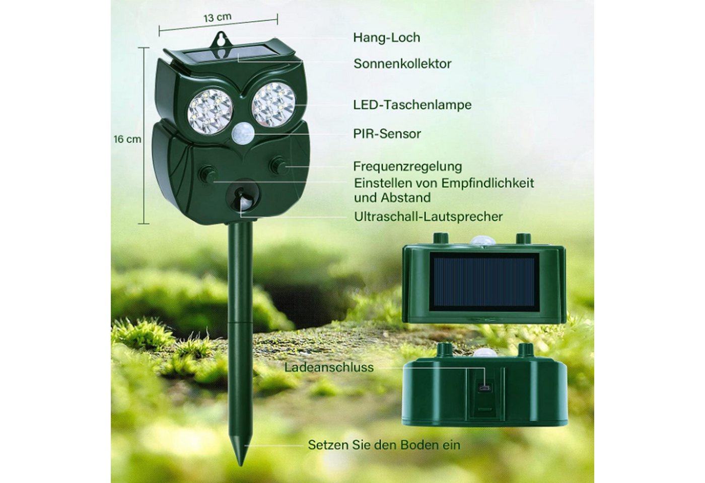 feinlux Ultraschall-Tierabwehr Ultraschall-Tierabwehr Mausabwehr, set 1-tlg., Rote und weiße LED + USB-Aufladung + Solaraufladung, Solarbetrieben Große Reichweite Empfindlichkeit Bild 3