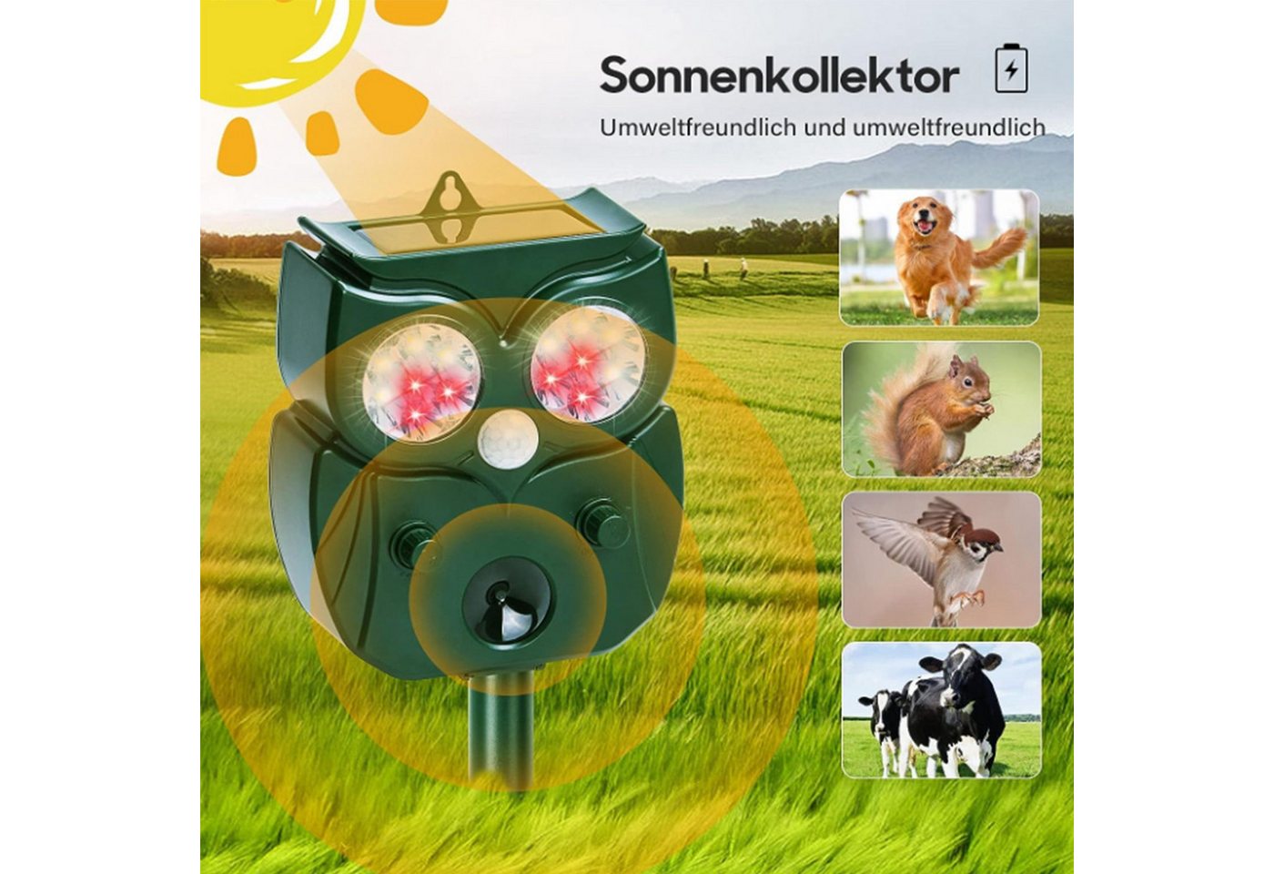 feinlux Ultraschall-Tierabwehr Ultraschall-Tierabwehr Mausabwehr, set 1-tlg., Rote und weiße LED + USB-Aufladung + Solaraufladung, Solarbetrieben Große Reichweite Empfindlichkeit Bild 5