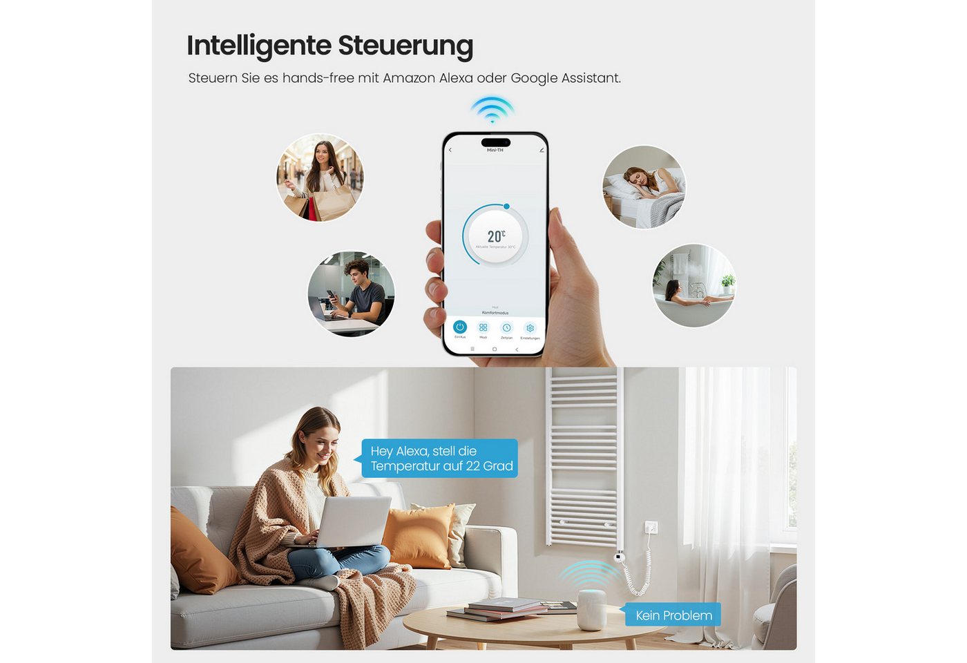 MEYKOERS Elektrischer Badheizkörper Handtuchheizkörper mit Smart WiFi Thermostat Heizstab, 300W/500W, Höhe: 100 cm, Intelligente Steuerung, 4 Modi und Smartes Heizen