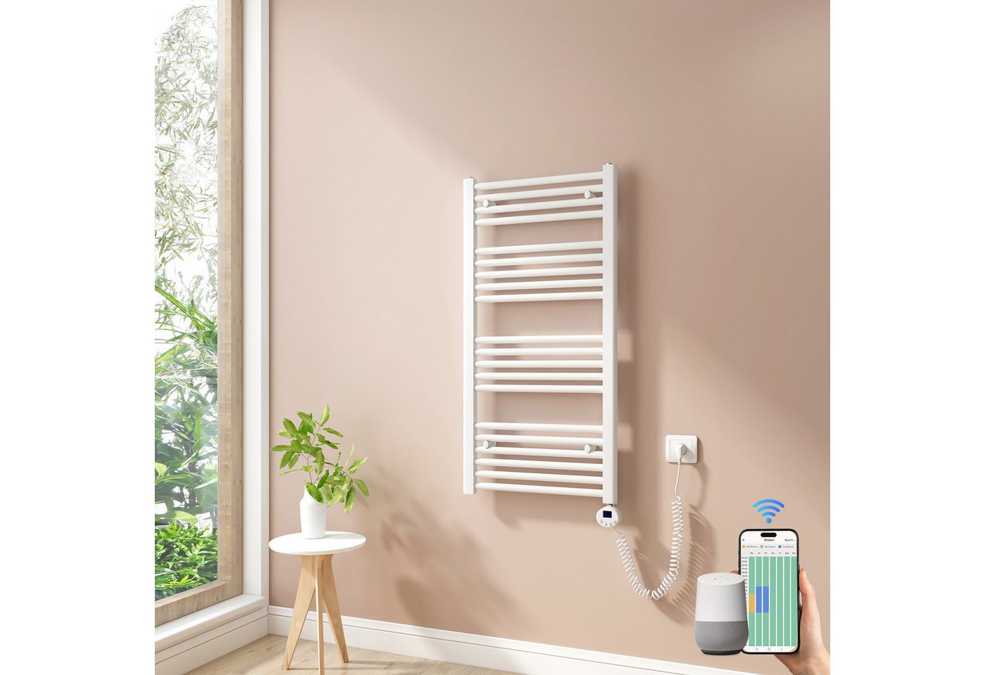 MEYKOERS Elektrischer Badheizkörper Handtuchheizkörper mit Smart WiFi Thermostat Heizstab, 300W/500W, Höhe: 100 cm, Intelligente Steuerung, 4 Modi und Smartes Heizen Bild 2