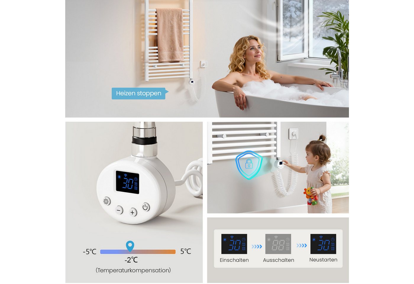 MEYKOERS Elektrischer Badheizkörper Handtuchheizkörper mit Smart WiFi Thermostat Heizstab, 300W/500W, Höhe: 100 cm, Intelligente Steuerung, 4 Modi und Smartes Heizen Bild 5