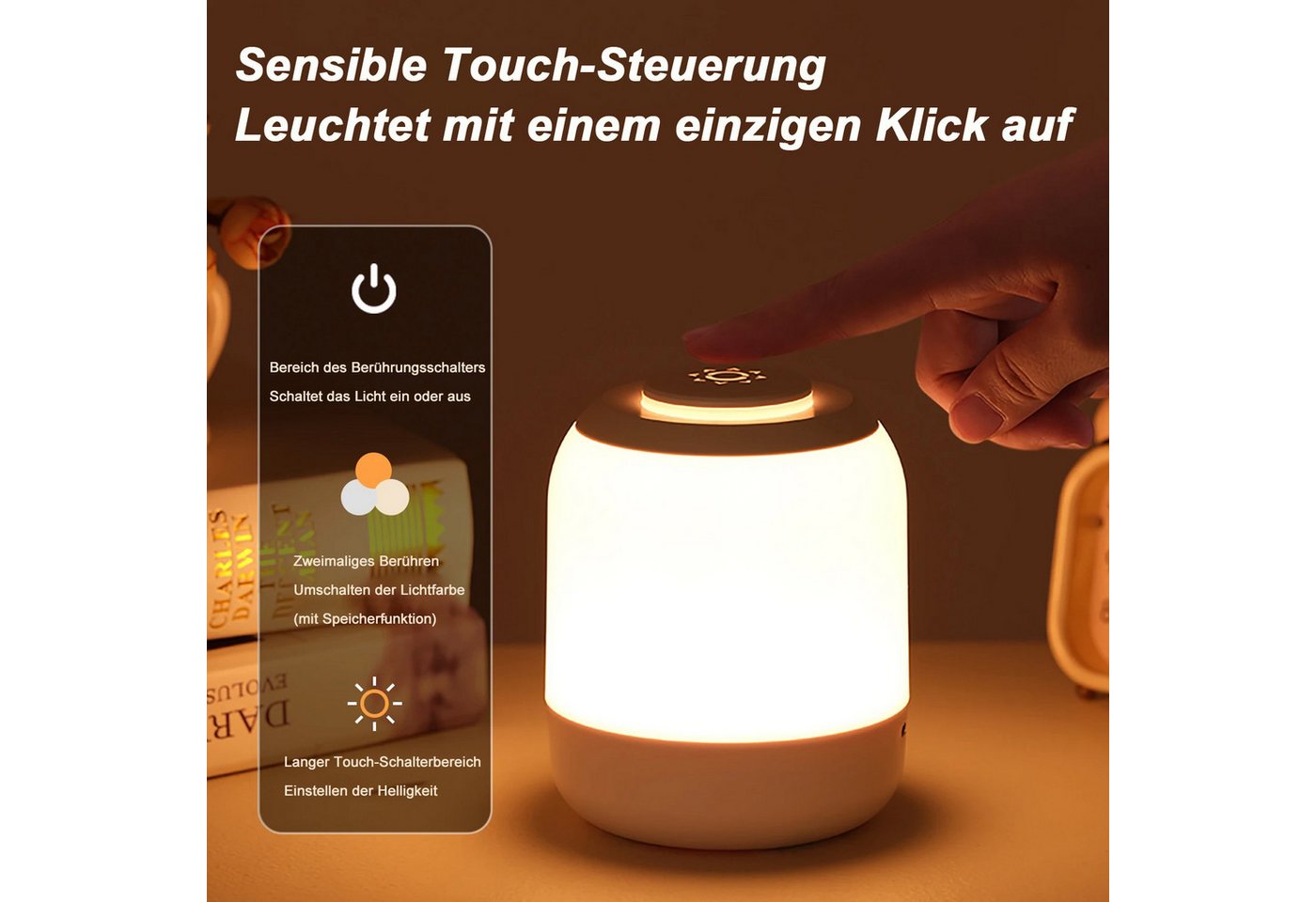 Vornix LED Nachtlicht LED Nachtlicht Touch Nachttischlampe,wiederaufladbares Nachtlicht, LED fest integriert, langer Betrieb, RA80 Stimmungslicht für Schlafzimmer Kinderzimmer