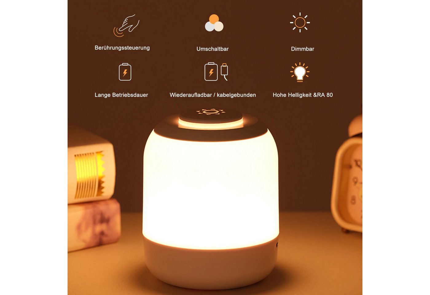 Vornix LED Nachtlicht LED Nachtlicht Touch Nachttischlampe,wiederaufladbares Nachtlicht, LED fest integriert, langer Betrieb, RA80 Stimmungslicht für Schlafzimmer Kinderzimmer Bild 3