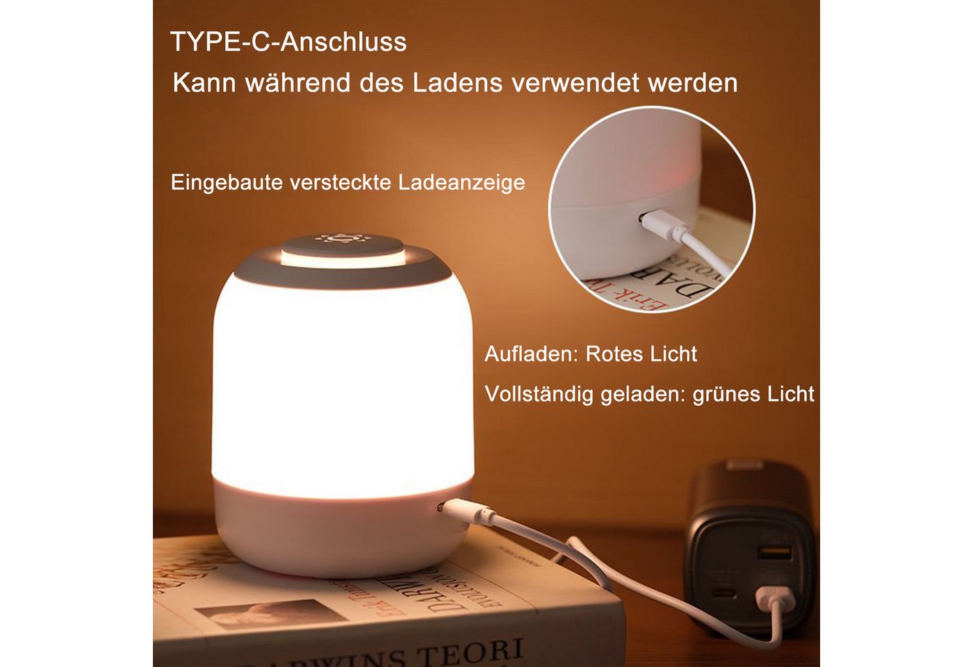 Vornix LED Nachtlicht LED Nachtlicht Touch Nachttischlampe,wiederaufladbares Nachtlicht, LED fest integriert, langer Betrieb, RA80 Stimmungslicht für Schlafzimmer Kinderzimmer Bild 4