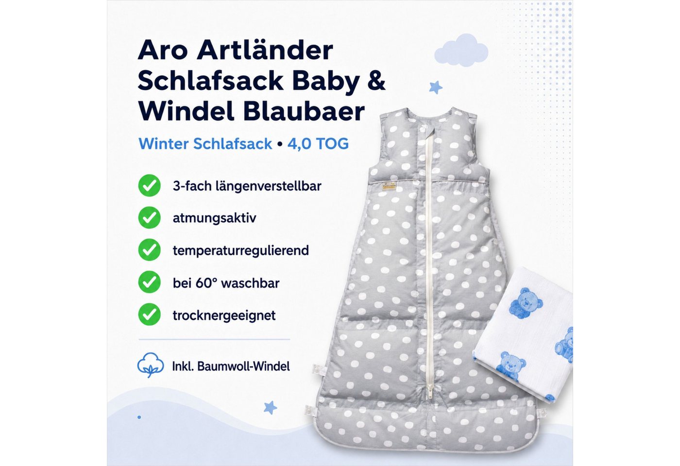 Kinderhaus Blaubaer Babyschlafsack Daunenschlafsack TOP, 3-fach längenverstellbar mit Premiumdaunen luftig leicht atmungsaktiv Bild 4