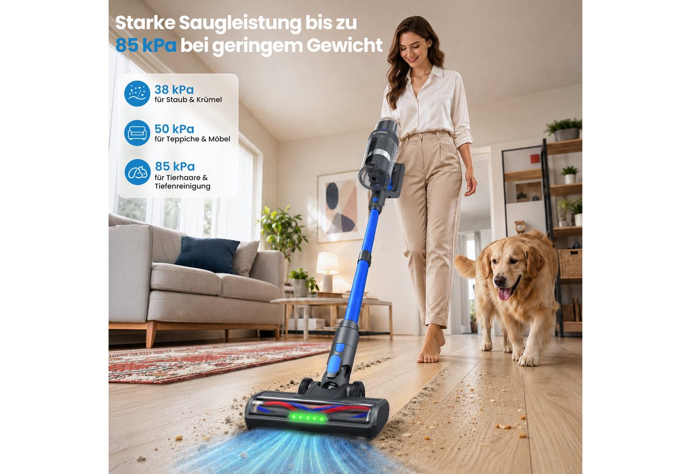 ATEROLL Akku-Hand-und Stielstaubsauger 85.000 Pa,Akku Staubsauger Kabellos,80 Min.Laufzeit Anti-Tangle-Bürste, 680 W, beutellos, H13 HEPA Filter,LED Bodendüse, Handstaubsauger für Tierhaare & Teppich Bild 4
