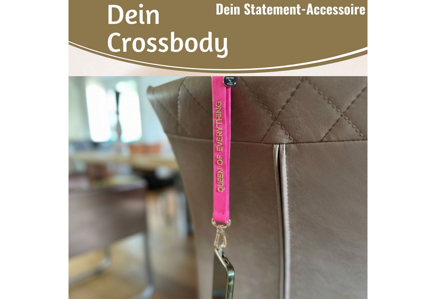 LS-LebenStil Handykette Crossbody Handyband mit Spruch Queen of Every Pink Gold 2 Karabiner Lanyard mit Universal Pad, ideal aus als Schlüsselanhänger Schlüsselband, Universal für jedes Smartphone zum Umhängen oder am Handgelenk