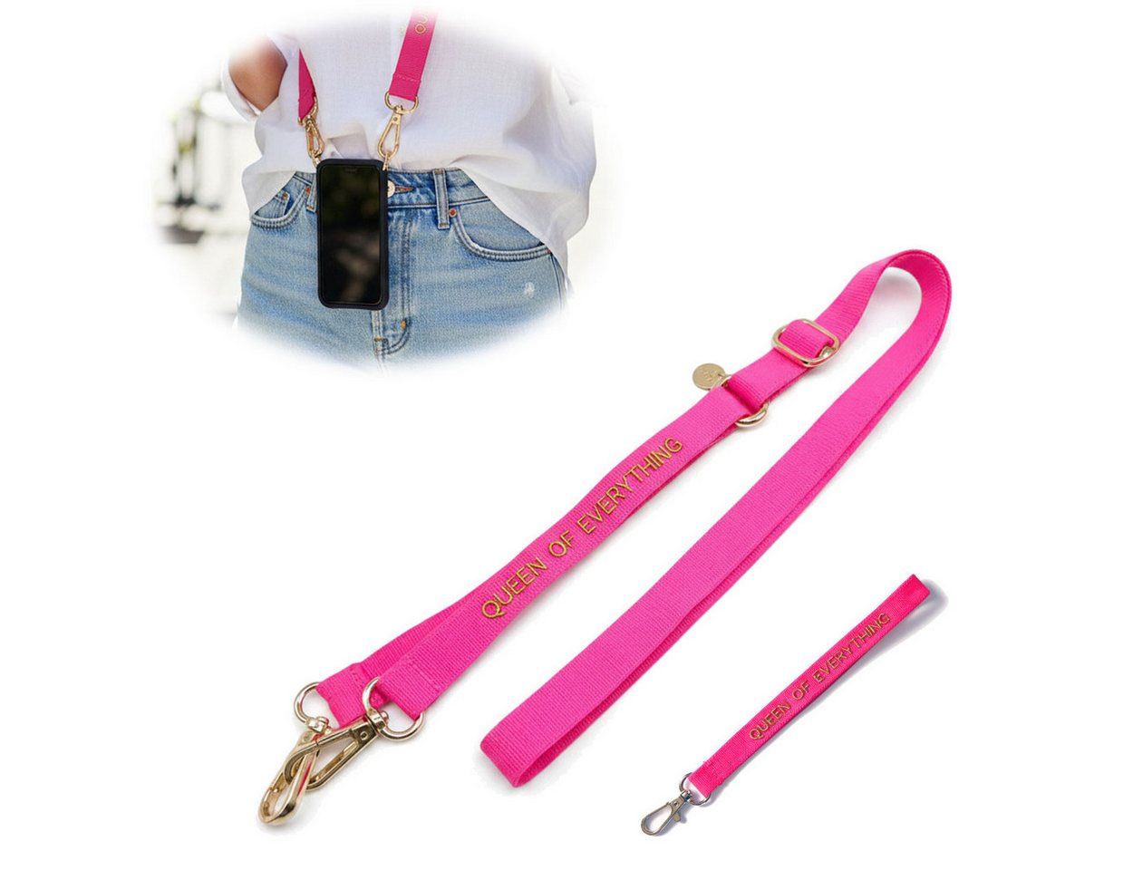 LS-LebenStil Handykette Crossbody Handyband mit Spruch Queen of Every Pink Gold 2 Karabiner Lanyard mit Universal Pad, ideal aus als Schlüsselanhänger Schlüsselband, Universal für jedes Smartphone zum Umhängen oder am Handgelenk Bild 3