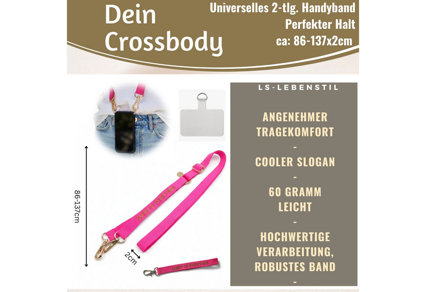 LS-LebenStil Handykette Crossbody Handyband mit Spruch Queen of Every Pink Gold 2 Karabiner Lanyard mit Universal Pad, ideal aus als Schlüsselanhänger Schlüsselband, Universal für jedes Smartphone zum Umhängen oder am Handgelenk Bild 5