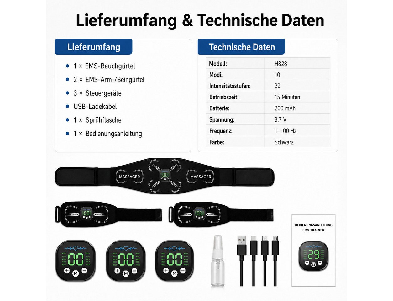 Tekoo EMS-Bauchmuskeltrainer EMS Gürtel Set Muskelstimulator Bauchmuskeltrainer für Bauch & Arme, (Komplettset, 3-teiliges Set), Keine Gel-Pads erforderlich (wasserbefeuchtet)