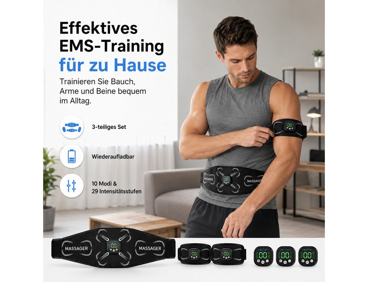 Tekoo EMS-Bauchmuskeltrainer EMS Gürtel Set Muskelstimulator Bauchmuskeltrainer für Bauch & Arme, (Komplettset, 3-teiliges Set), Keine Gel-Pads erforderlich (wasserbefeuchtet) Bild 3