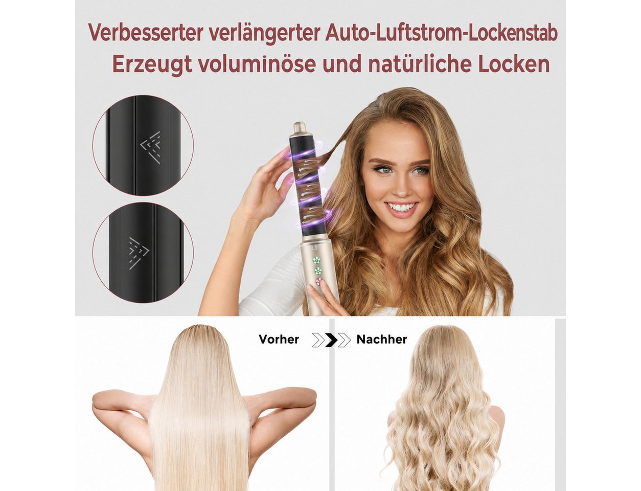UKLISS Multihaarstyler 7-in-1 Air Styler Hochgeschwindigkeits-Haartrockner Set, 1300 W, Warmluftstyler mit Lockenstab, Diffusor & negativen Ionen Bild 3