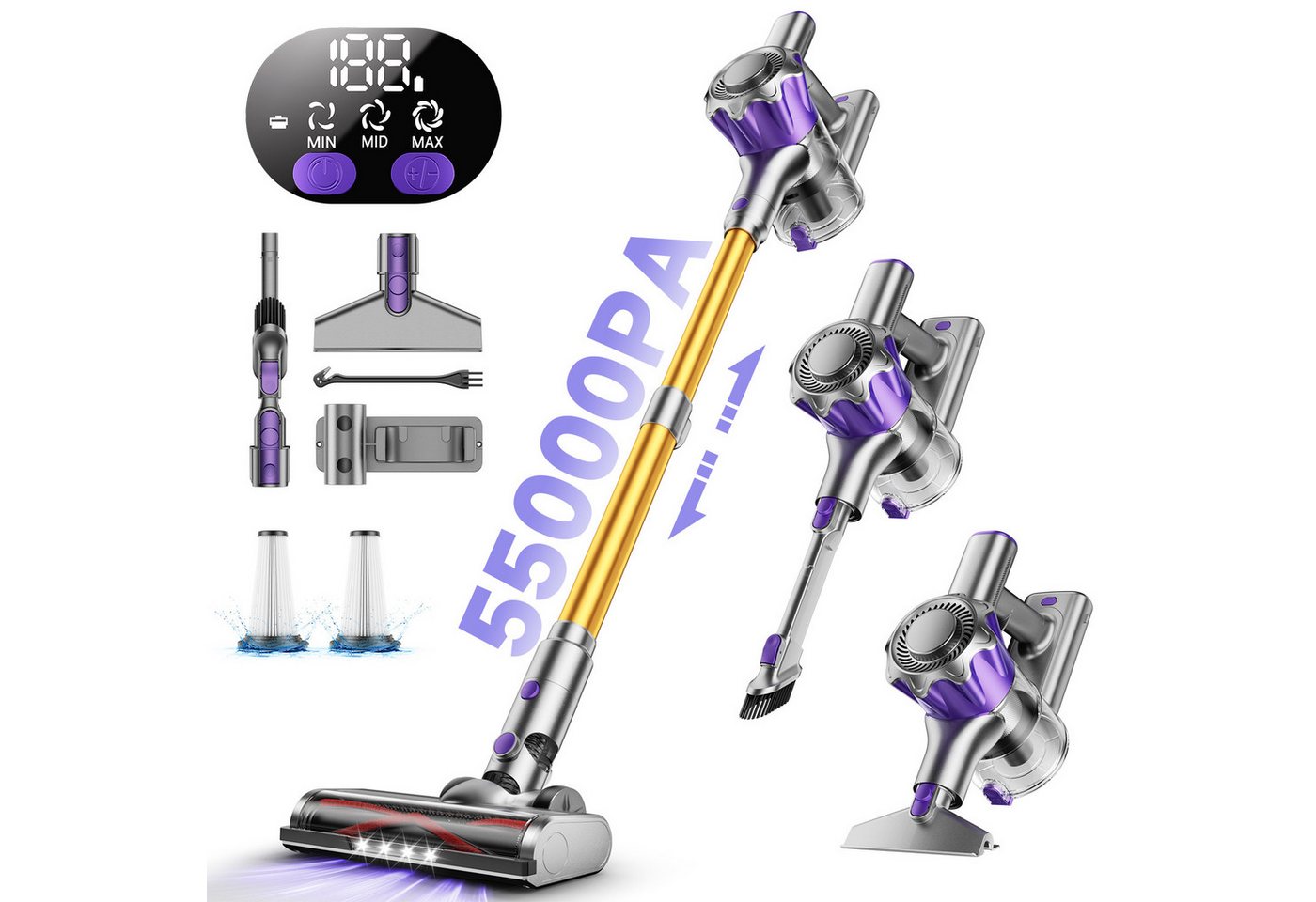 AeroAxis Akku-Hand-und Stielstaubsauger Akku Staubsauger Kabellos 55000pa/ 500W/ 50min Laufzeit für Tierhaare, 500 W, beutellos, Kabellos nutzbar,LED-Anzeige,Wandhalterung für platzsparende Lagerung Bild 5