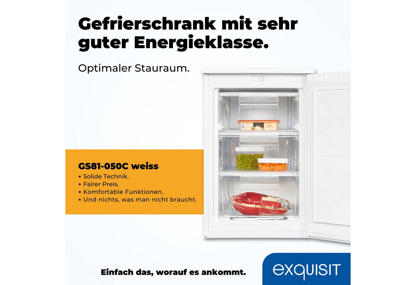 exquisit Gefrierschrank GS81-050C weiss, 84.5 cm hoch, 54.9 cm breit, wechselbarer Türanschlag, No-Frost, 85 Liter Nutzinhalt