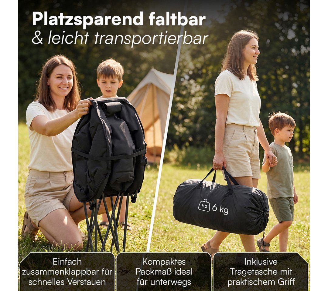 STEELSØN Campingstuhl Hoggar, Campingbank & Moonchair, Klappstuhl mit Seitentasche (schwarz, 55 cm breit), XXL Moonchair faltbar, Campingstuhl mit Kopfkissen, bis 150 kg