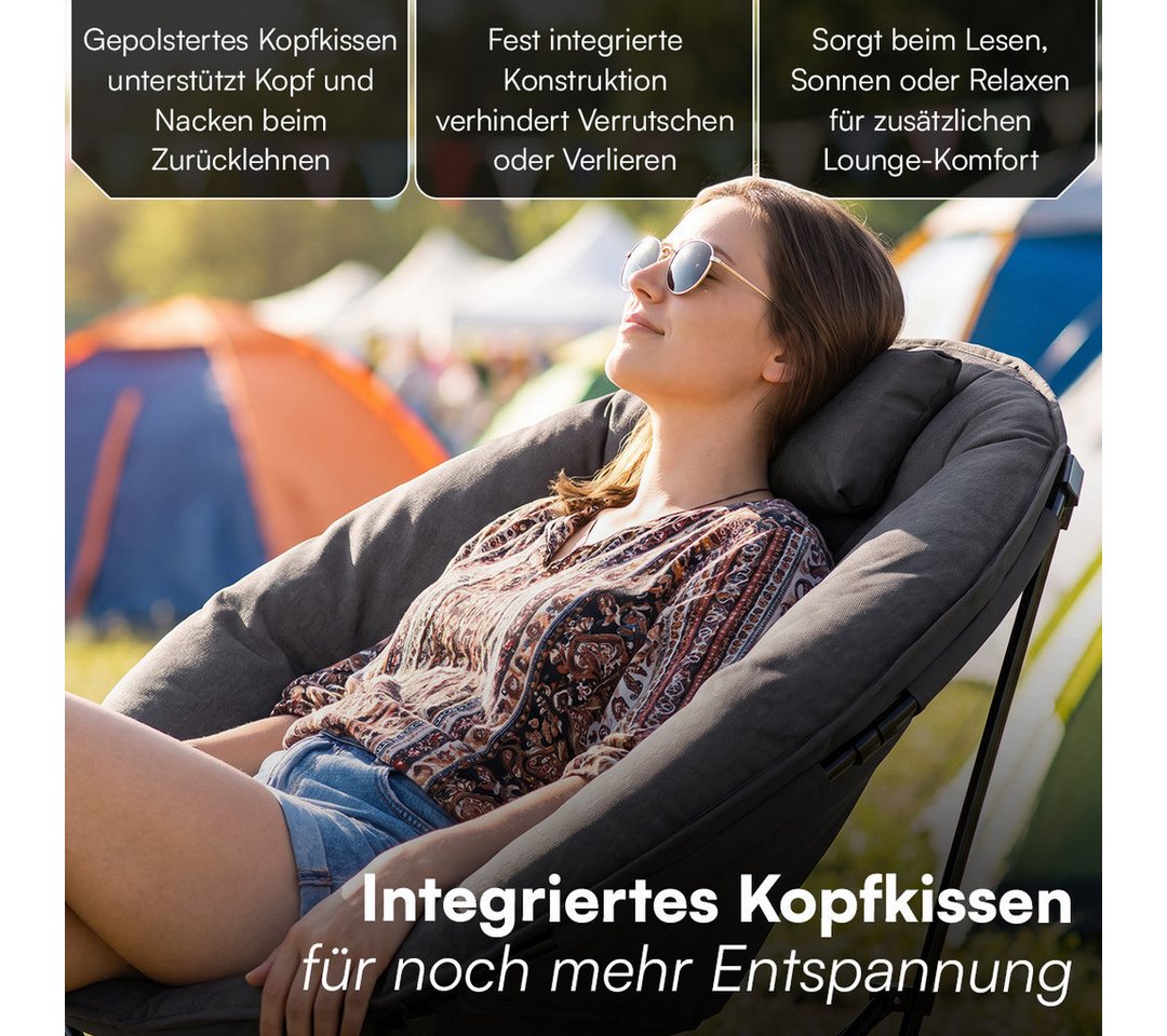 STEELSØN Campingstuhl Hoggar, Campingbank & Moonchair, Klappstuhl mit Seitentasche (schwarz, 55 cm breit), XXL Moonchair faltbar, Campingstuhl mit Kopfkissen, bis 150 kg Bild 3