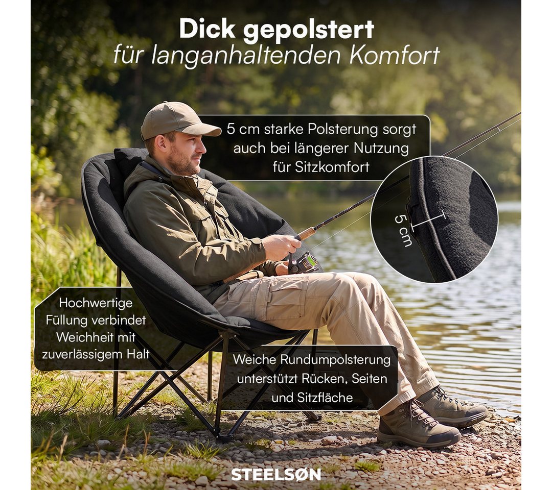 STEELSØN Campingstuhl Hoggar, Campingbank & Moonchair, Klappstuhl mit Seitentasche (schwarz, 55 cm breit), XXL Moonchair faltbar, Campingstuhl mit Kopfkissen, bis 150 kg Bild 4