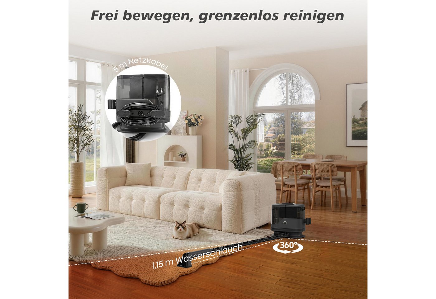 AIMAX Teppichreinigungsgerät Polsterreinigungsgerät, Waschsauger, 2 Reinigungsdüsen, 400 W, beutellos, Selbstreinigung und langem Schlauch, für Sofas, Teppiche, Autositze