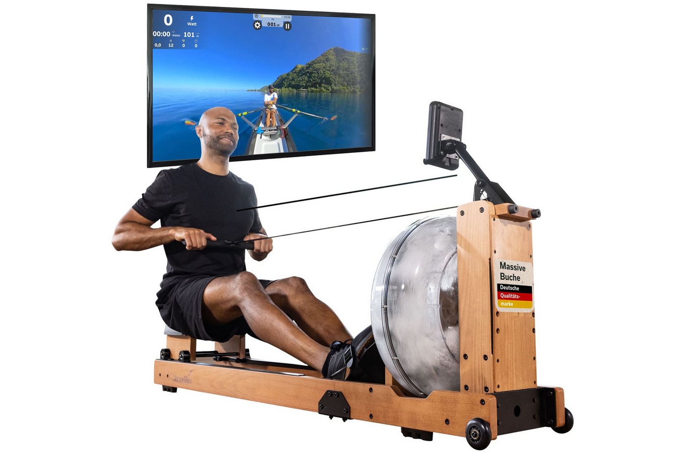 Skandika Rudergerät Lykke Wasserrudergerät für Zuhause, aus Holz, bis 150 kg, 90° Tank, Kinomap kompatibel, massives Buchenholz, Bluetooth, Tablethalterung Bild 2
