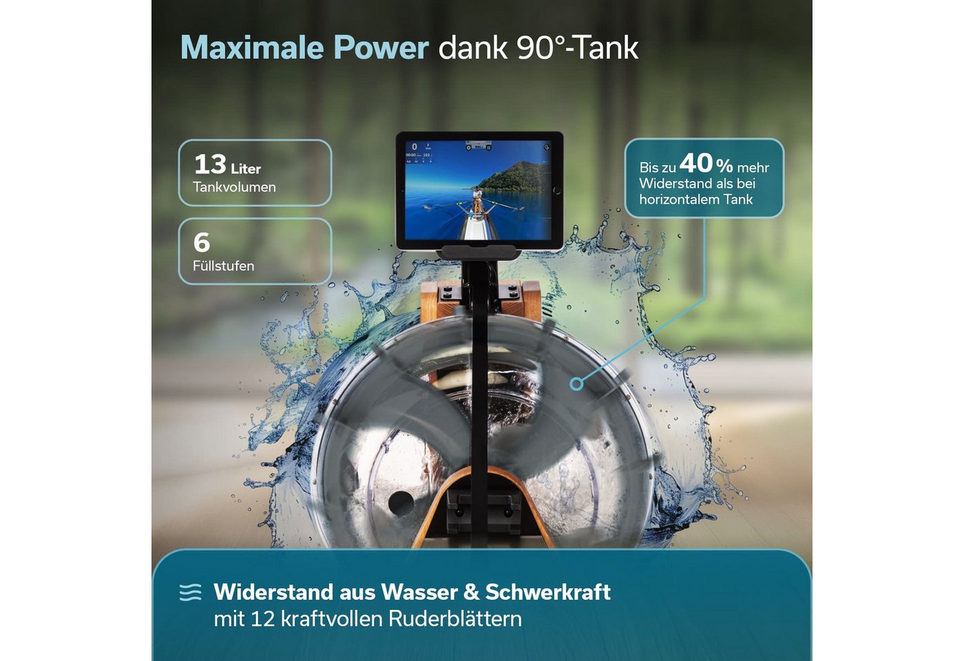 Skandika Rudergerät Lykke Wasserrudergerät für Zuhause, aus Holz, bis 150 kg, 90° Tank, Kinomap kompatibel, massives Buchenholz, Bluetooth, Tablethalterung Bild 3