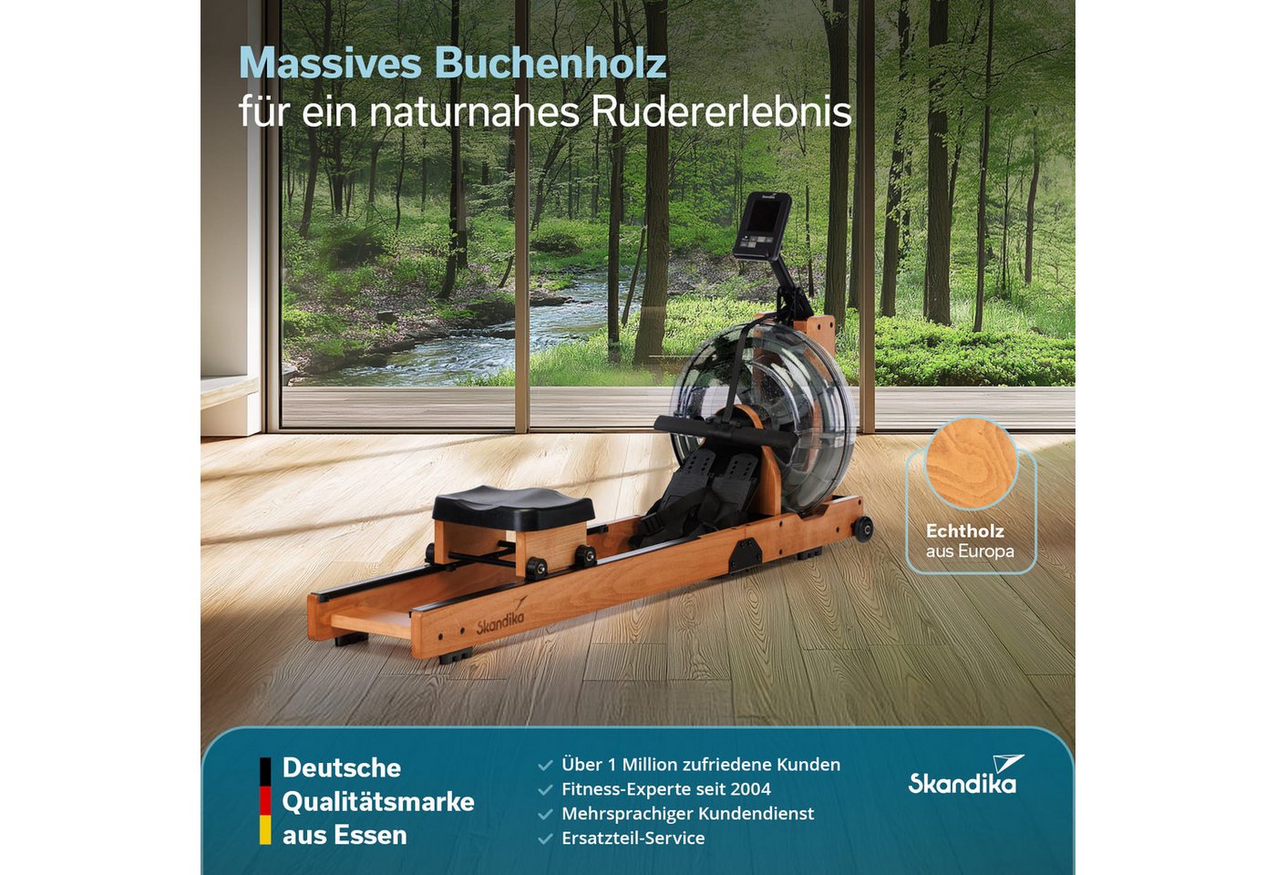 Skandika Rudergerät Lykke Wasserrudergerät für Zuhause, aus Holz, bis 150 kg, 90° Tank, Kinomap kompatibel, massives Buchenholz, Bluetooth, Tablethalterung Bild 4