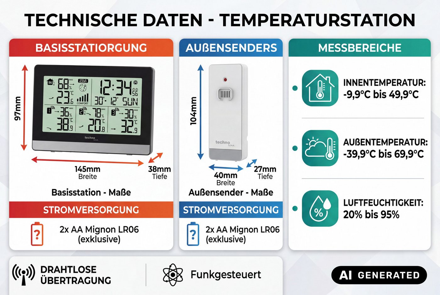 technoline Raumthermometer WS 7065, Klimastation inkl. 3 Thermo-Hygro-Sensoren & Schimmel- und Frostalarm