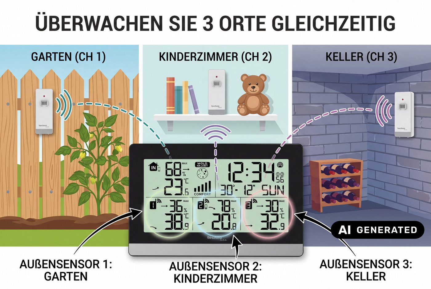 technoline Raumthermometer WS 7065, Klimastation inkl. 3 Thermo-Hygro-Sensoren & Schimmel- und Frostalarm Bild 4