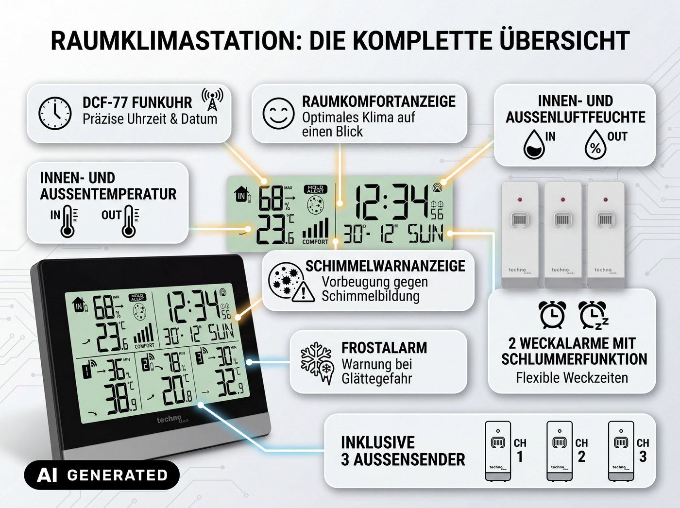 technoline Raumthermometer WS 7065, Klimastation inkl. 3 Thermo-Hygro-Sensoren & Schimmel- und Frostalarm Bild 5