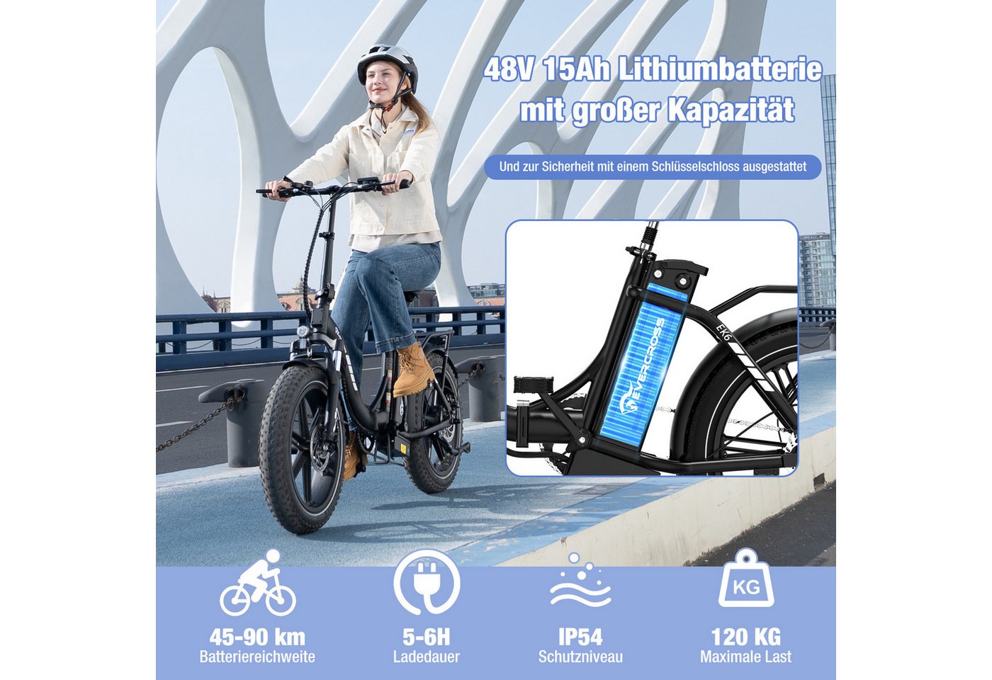 EVERCROSS TECH E-Bike 20×4.0 Fatbike, 7-Gang Shimano, 48V 18Ah abnehmbarer Akku 130km, Heckmotor, 864 Wh, NFC+App Entsperrung, 250W Motor Elektrofahrräder für Damen und Herren