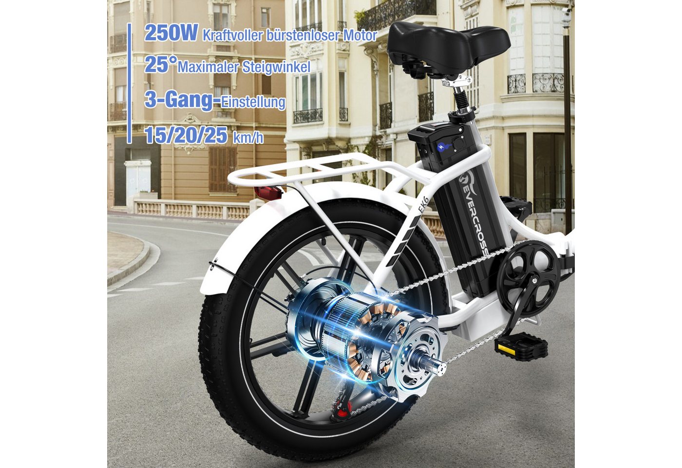 EVERCROSS TECH E-Bike 20×4.0 Fatbike, 7-Gang Shimano, 48V 18Ah abnehmbarer Akku 130km, Heckmotor, 864 Wh, NFC+App Entsperrung, 250W Motor Elektrofahrräder für Damen und Herren Bild 2