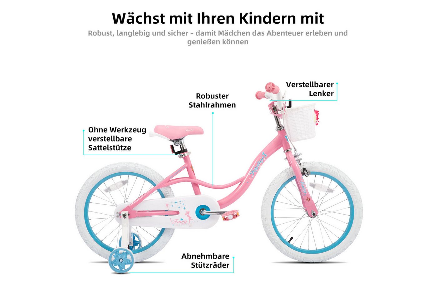 JOYSTAR Kinderfahrrad Mädchen‑Kinderfahrrad Stützrädern & Bremse für Spiel & Freizeit 2‑9 J., mit Stützräder, Handbremse und Korb, Geschenke für Prinzessinnen Bild 2