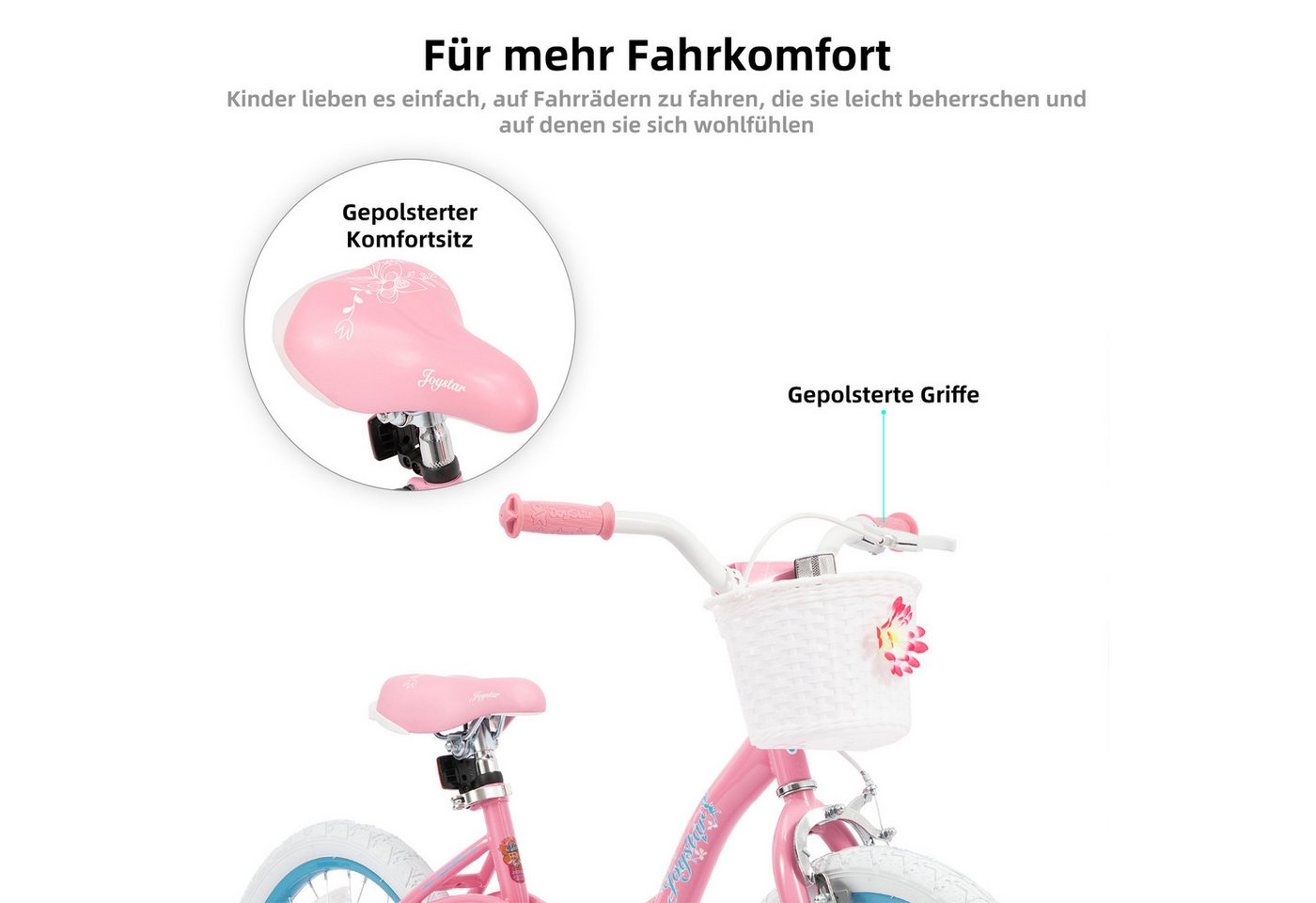 JOYSTAR Kinderfahrrad Mädchen‑Kinderfahrrad Stützrädern & Bremse für Spiel & Freizeit 2‑9 J., mit Stützräder, Handbremse und Korb, Geschenke für Prinzessinnen Bild 3