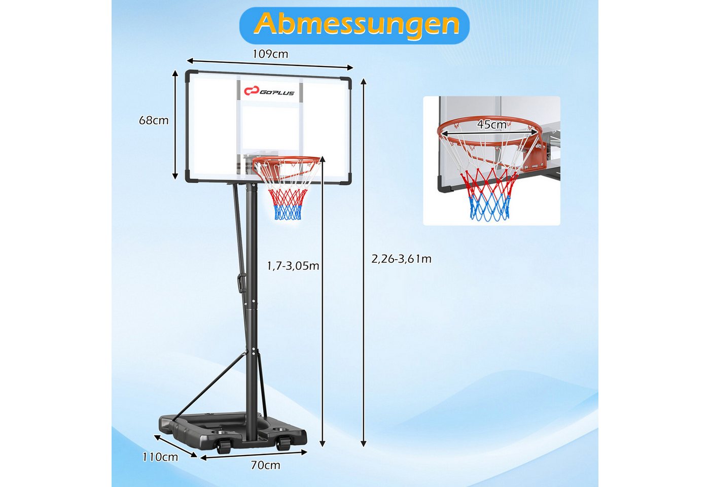 COSTWAY Basketballständer, Tragbarer, 170-305cm höhenverstellbarer Basketballkorb Bild 2