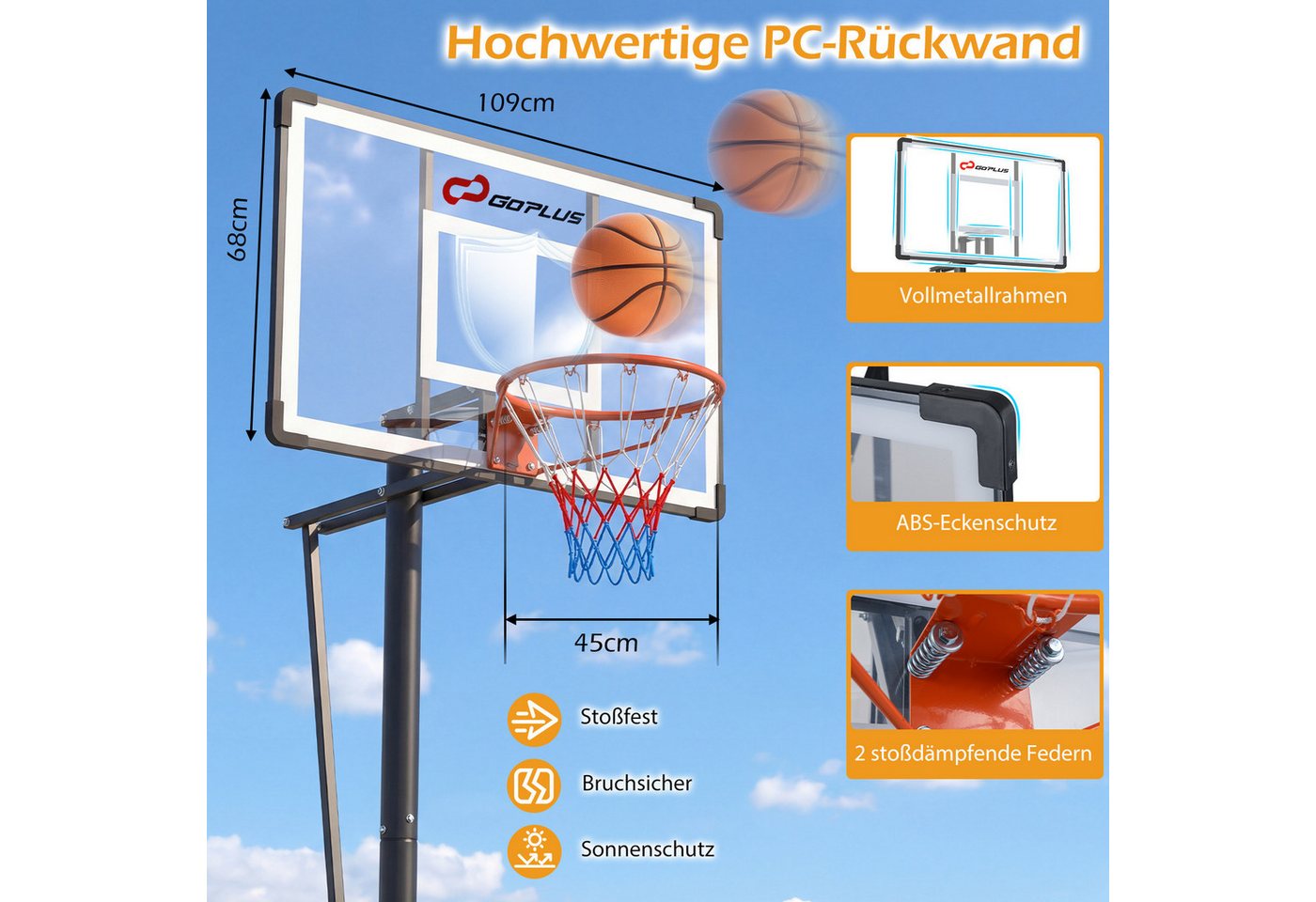 COSTWAY Basketballständer, Tragbarer, 170-305cm höhenverstellbarer Basketballkorb Bild 3